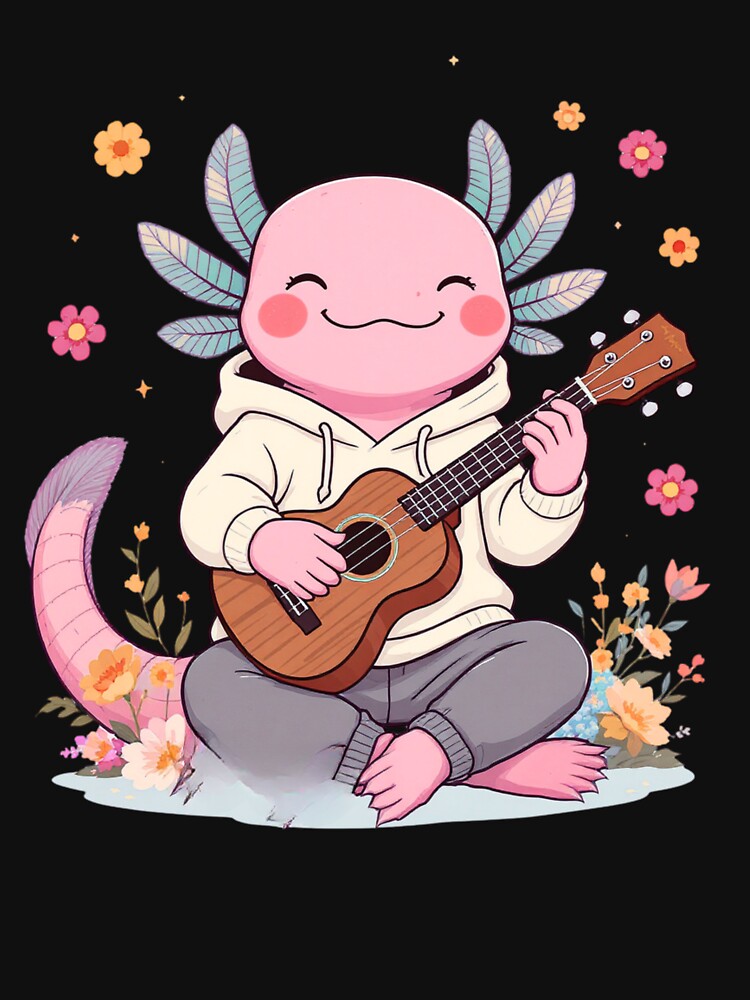 Music Lover Axolotl Playing Ukulele with Flowers – Joyful Creative Illustration by ColorSplash123 T-Shirts,... (Image 3)