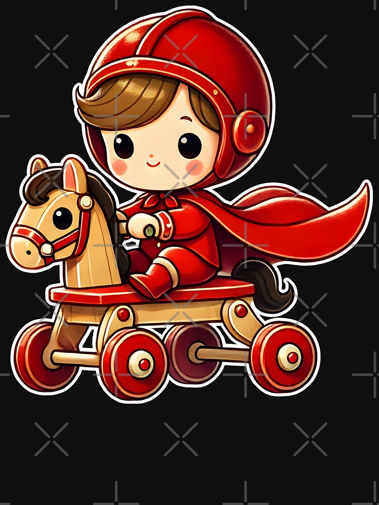 Adorable Child on Toy Horse with Red Cape - Fun and Nostalgic Cartoon Art by DrawHandArt T-Shirts, Hoodie,... (Image 3)