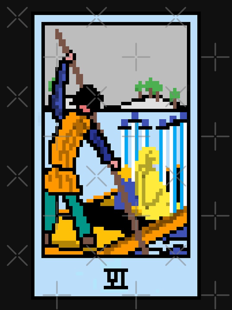 Wait, is this pixel art tarot? Black - Minor Arcana 'Six of Swords' (Design for T-shirt, stickers and other... (Image 3)