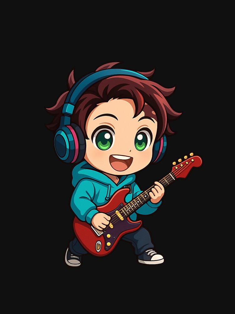 Cool Chibi Boy with Guitar – Neon Blue Hoodie & Headphones Anime Style by ColorSplash123 T-Shirts, Sweatshirt (Image 3)