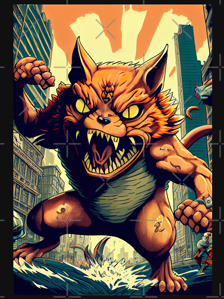 Giant Angry orange Cat attacking a city by KoolArtDistrict