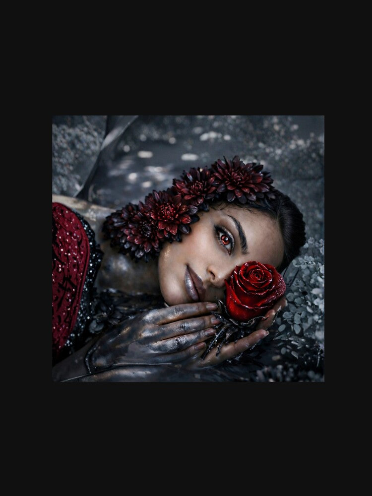 Crimson Awakening – Dark Gothic Floral Portrait with Red Rose by origin-arthouse T-Shirts, Hoodie, Sweatshirt (Image 3)