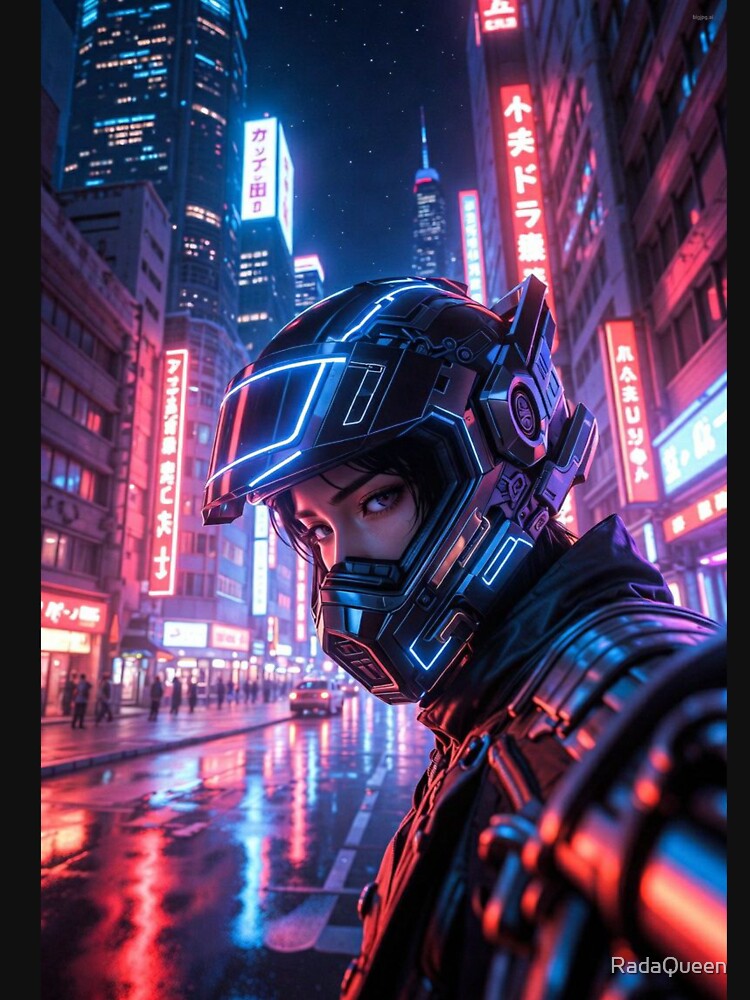 Cyberpunk Neon Female Enforcer – Futuristic Helmet in Rainy Japanese Megacity by RadaQueen T-Shirts, Hoodie,... (Image 3)