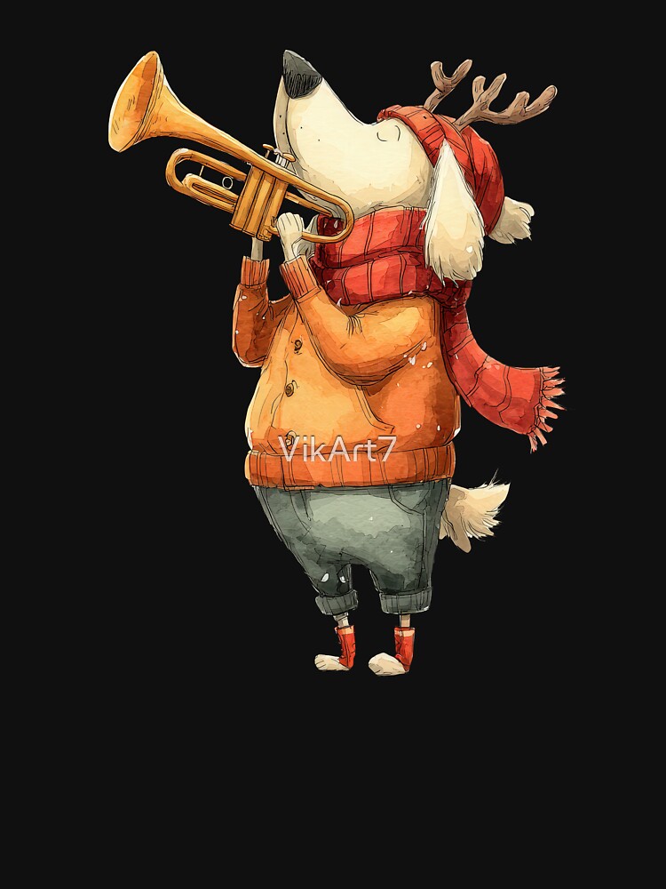 Festive Dog Trumpet Player — Cute Christmas Apparel & Gifts by VikArt7 T-Shirts, Hoodie, Sweatshirt (Image 3)