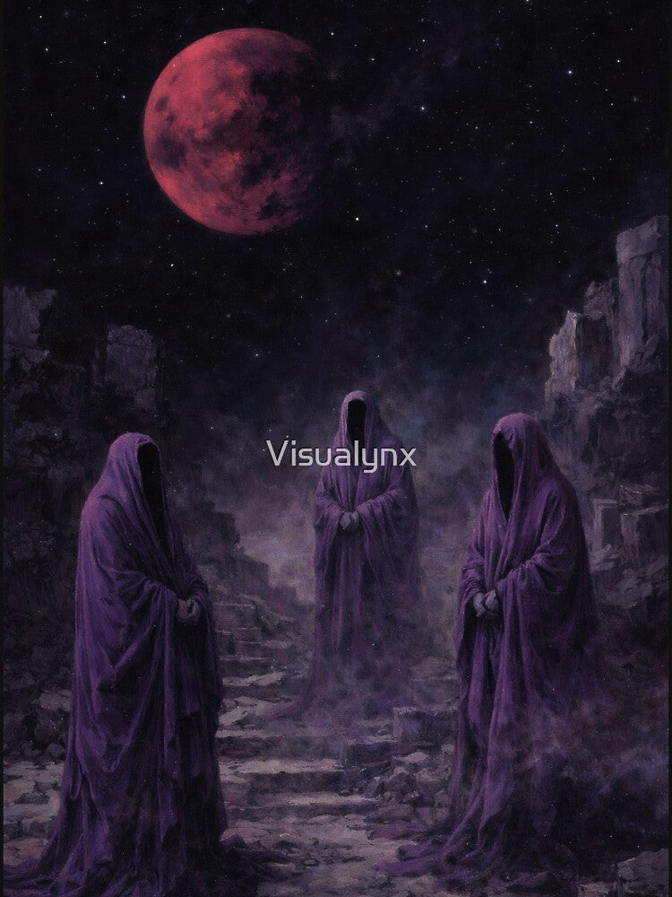 Three Veiled Figures Beneath a Red Moon – Symbolic Dark Fantasy Oil Painting by Visualynx T-Shirts, Hoodie,... (Image 3)