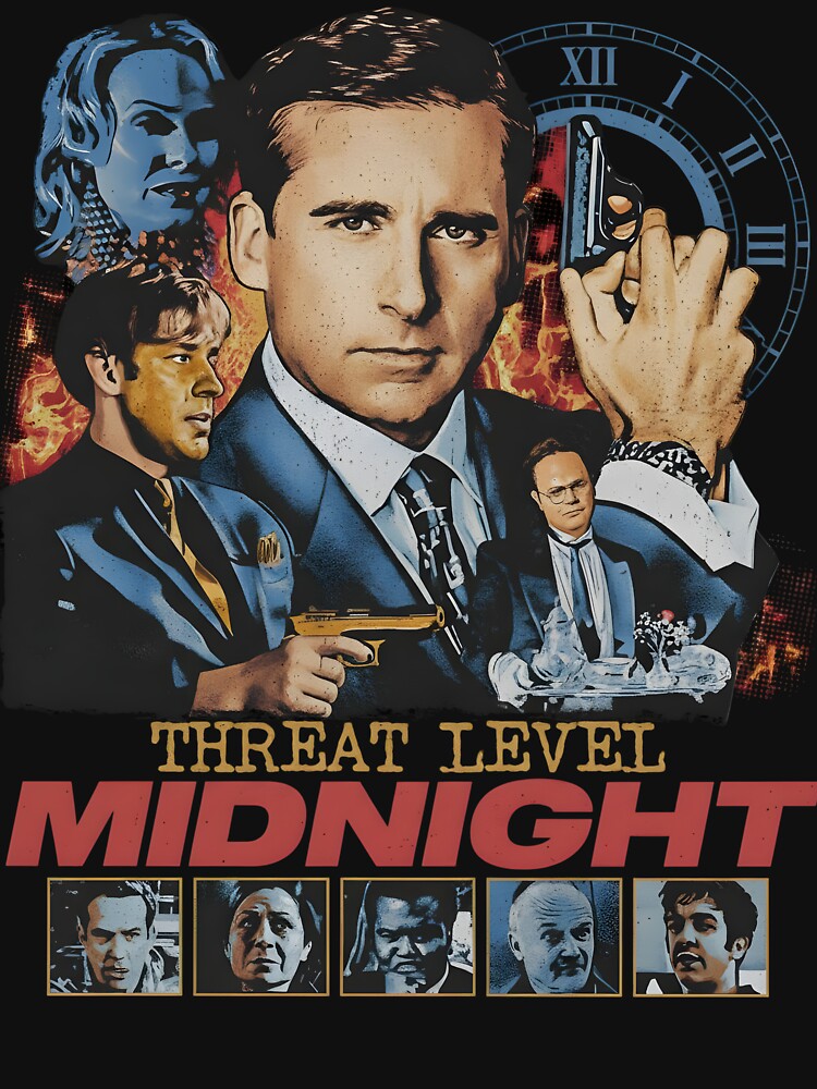The Office Threat Level Midnight Vintage Movie Poster T-Shirt | Michael Scarn vs Goldenface Action Parody by... (Image 3)