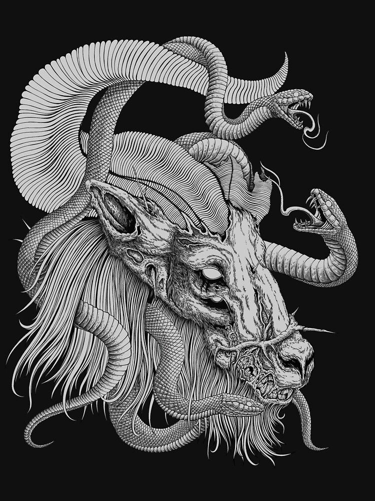 Rotten goat head with three coiled snakes - Black and White by SanXaloonk T-Shirts, Hoodie, Sweatshirt (Image 3)
