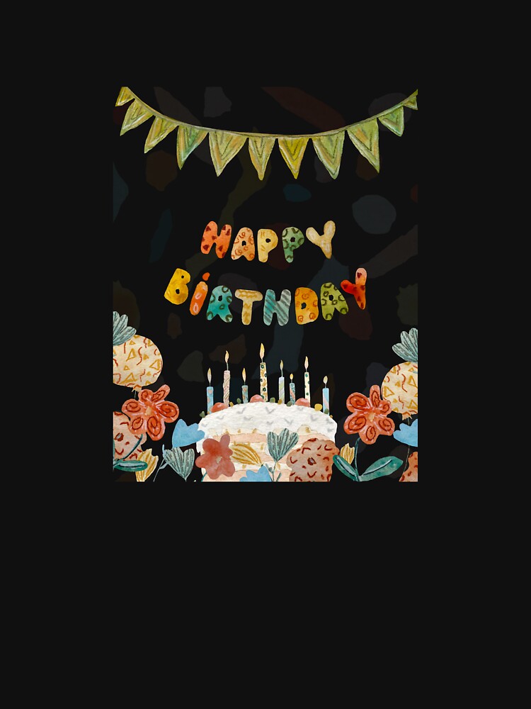 Card happy birthday letters flag flower watercolor black by Yana Mustafina | Boho Soulful Designs T-Shirts,... (Image 3)