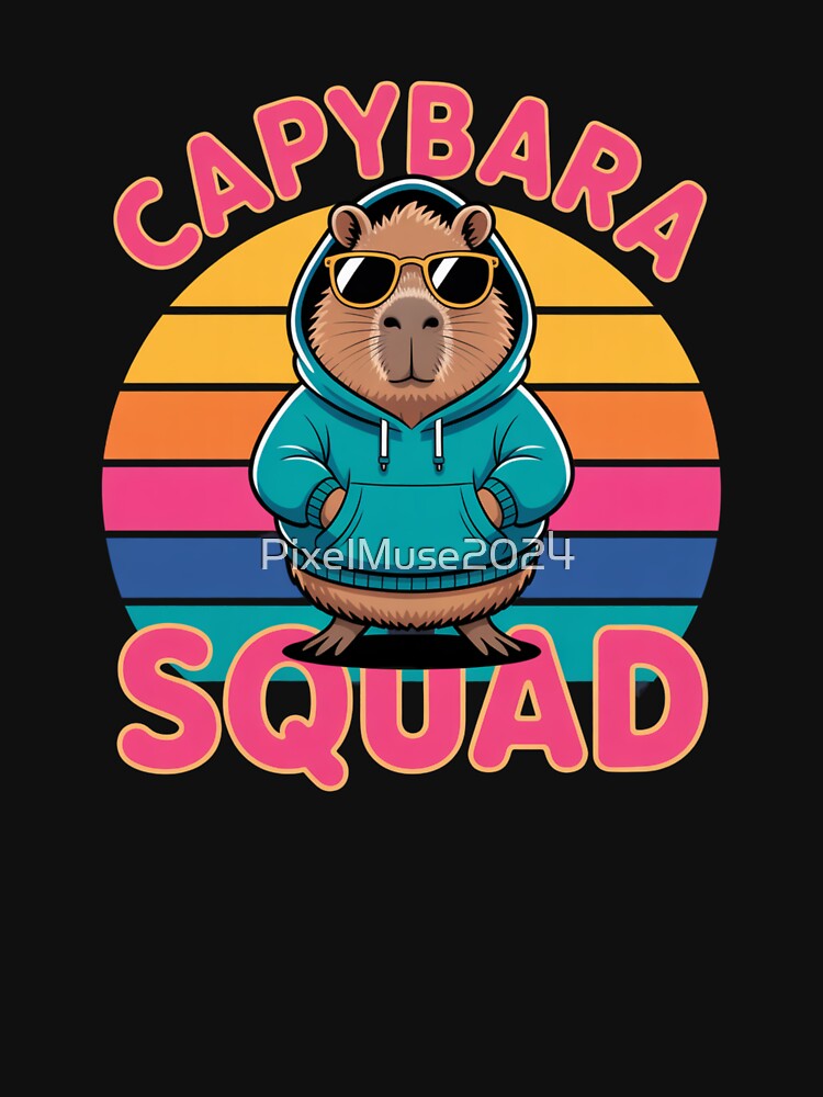 Capybara Squad Retro Sunset Hoodie Cool Animal T-Shirt Gift by PixelMuse2024 Sweatshirt | BlankRebels.com (Image 3)
