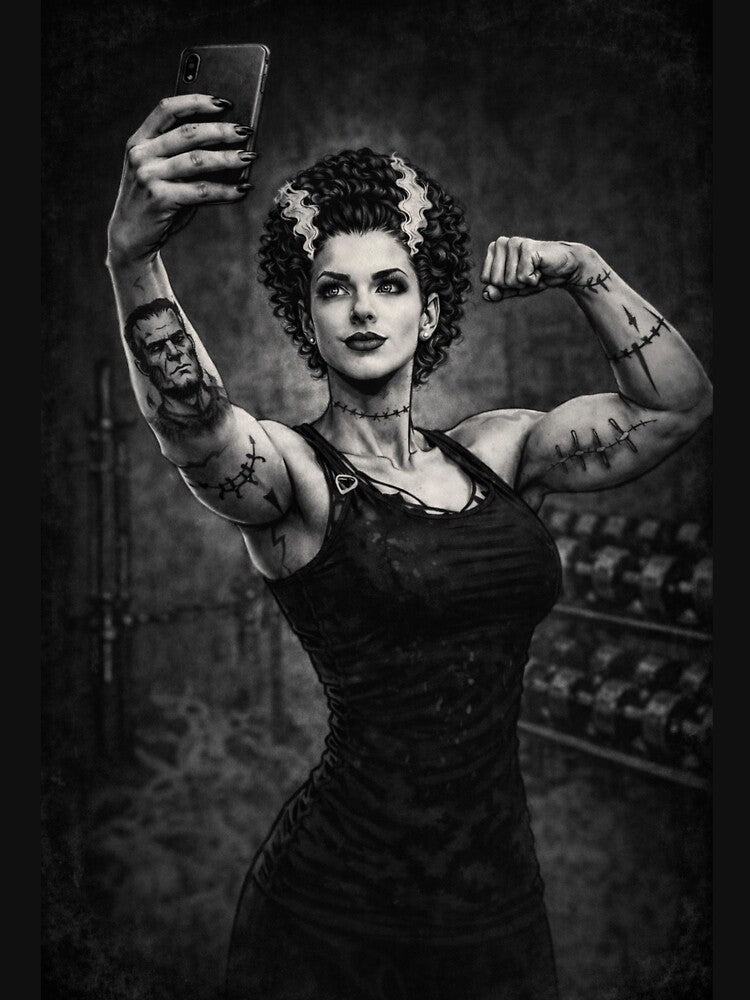 Bride of Frankenstein Gym Selfie-Gothic Fitness Horror Art by judgehydrogen