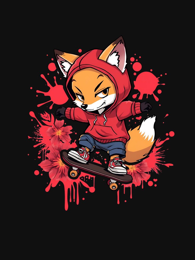 Cute Chibi Fox in Red Hoodie Skateboarding | Kawaii Urban Summer Cartoon Design by ColorSplash123 T-Shirts,... (Image 3)