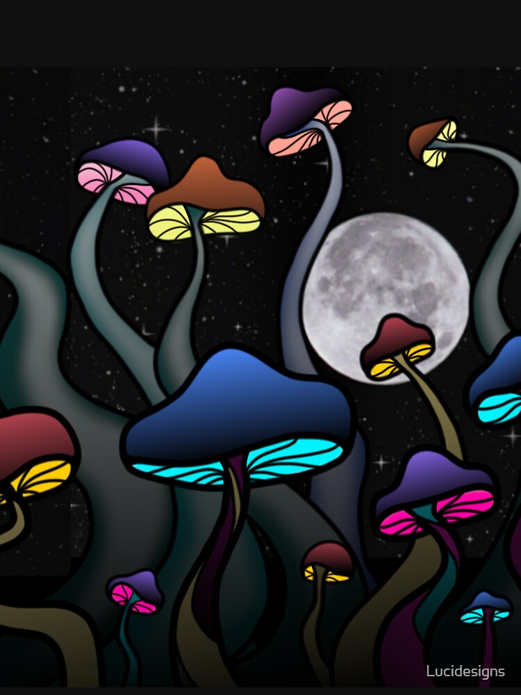 Colorful Dark Glowy Mushrooms - Version with Full Moon - Trippy Art by Lucidesigns T-Shirts, Hoodie, Sweatshirt (Image 3)