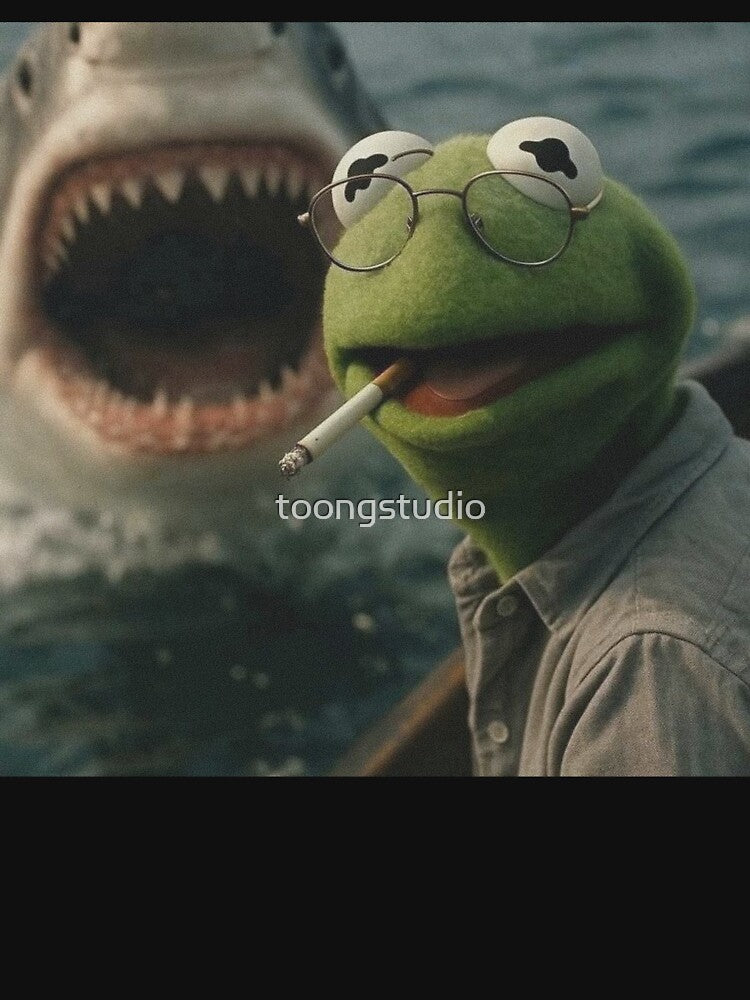 Vintage Washed Dark Humor, Smoking Frog Meme, Shark Attack Parody, Retro Cinematic by toongstudio T-Shirts,... (Image 3)