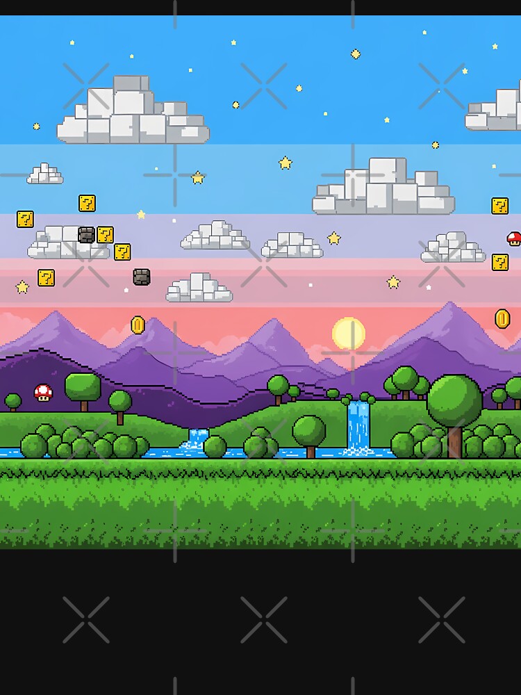 8-Bit Pixel Landscape Retro Gaming Background Nostalgic Scenery Design by GiftsForge