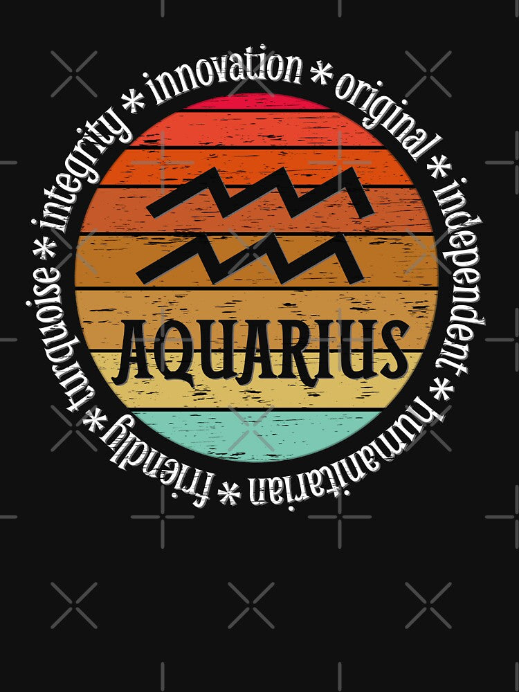 Aquarius,zodiac sign and lettering, sunset retro style by plastic2021 T-Shirts, Hoodie, Sweatshirt (Image 3)