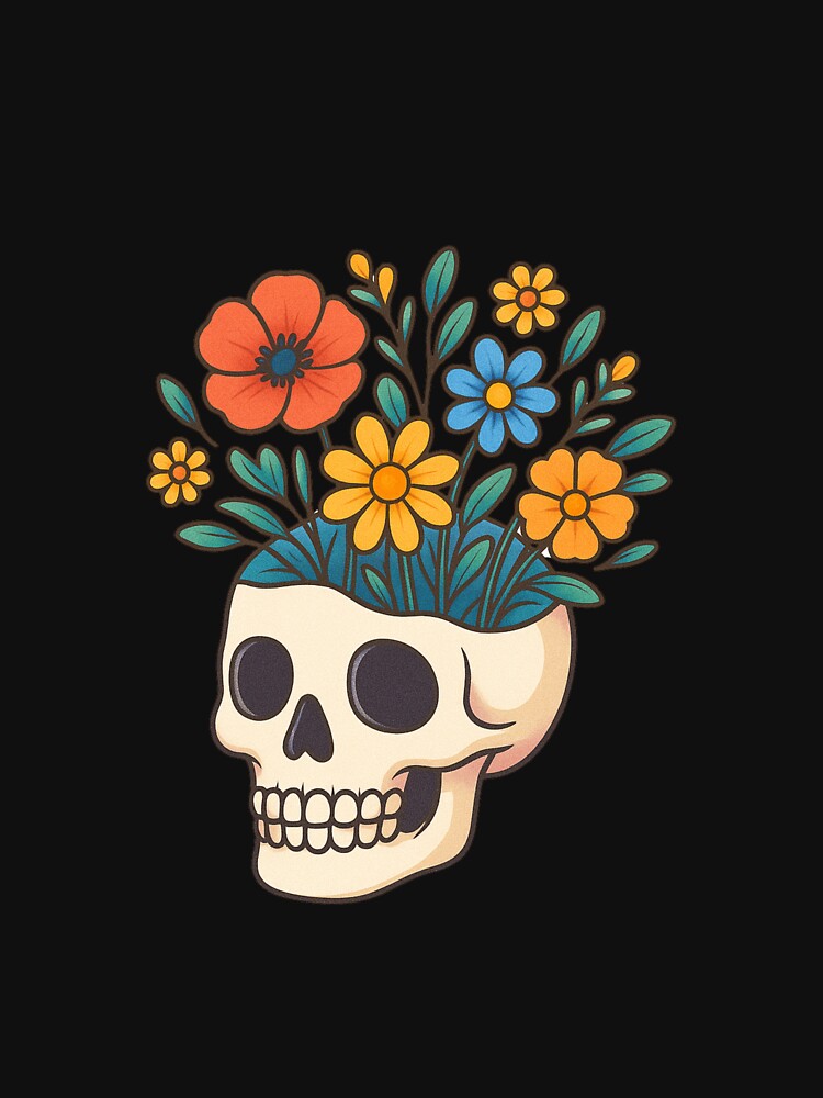 Skull with Wildflower Hair – Artistic Floral Skull Design for Stickers & Apparel by ColorSplash123 T-Shirts,... (Image 3)