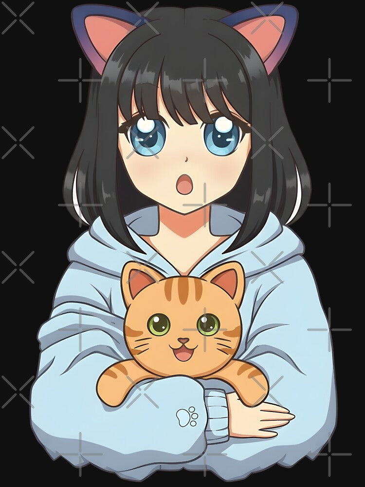 Kawaii Anime Girl with Cat Ears Holding Ginger Tabby Kitten Art by DrawHandArt T-Shirts, Hoodie, Sweatshirt (Image 3)