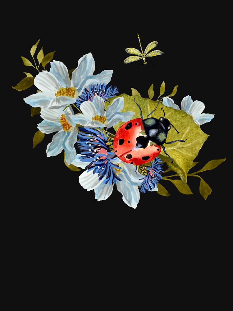 Flower Daisy Ladybug Leaves Dragonfly Watercolor Black Yana Mustafina Boho Soulful T-Shirts, Hoodie, Sweatshirt