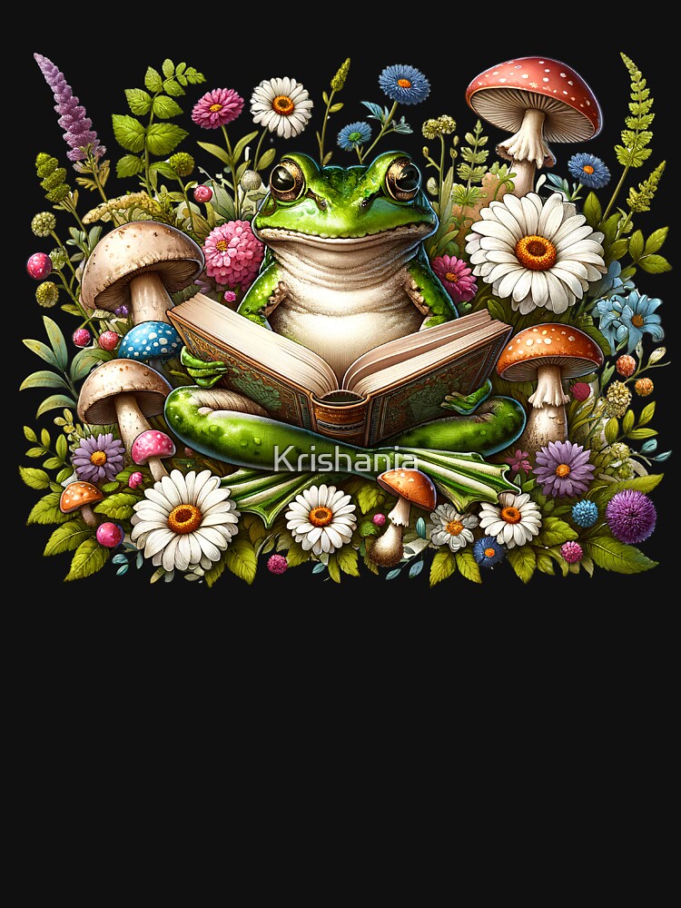 Frog Reading Book Reader Book Lover Aesthetic Floral Mushroom by Kimberley King Art  King Art