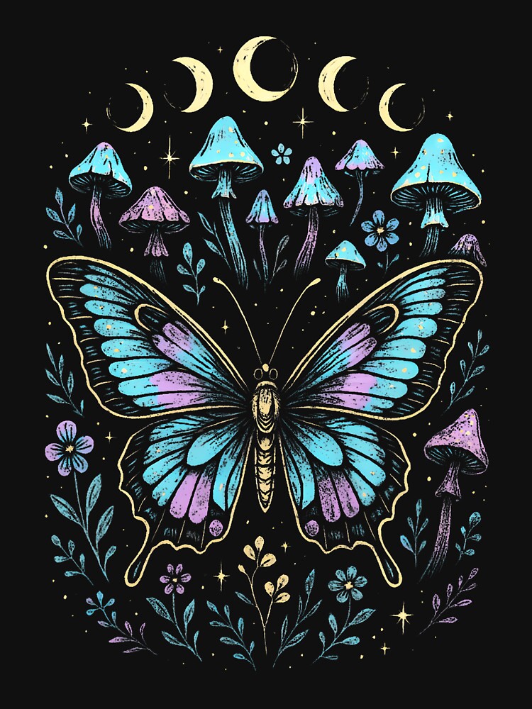 Butterfly Moon Nature Mushroom Magical Colorful by endabettyau