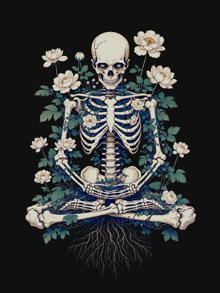 Meditating Skeleton Blooming Flowers Dark Floral Art by Apollo Palette T-Shirts, Hoodie, Sweatshirt (Image 3)