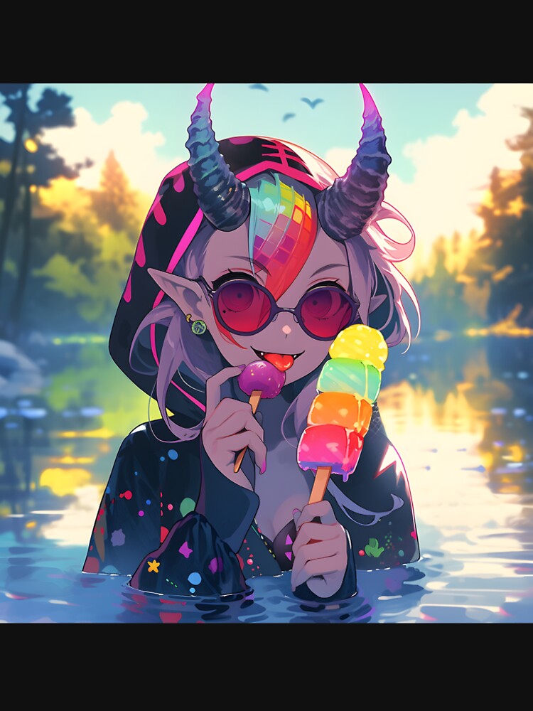 Anime girl in water licking popsicle with horns art by TheArtistOf2022