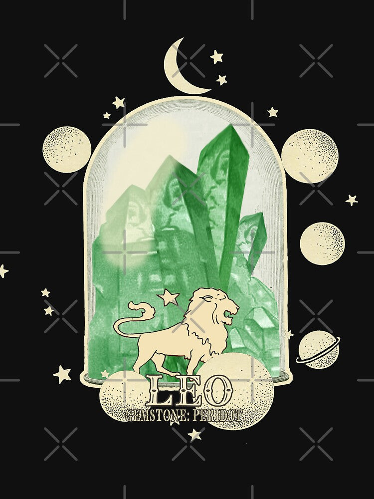 Leo Gemstone: Peridot crystal. Astral design. Black version by MINDTHECHERRY T-Shirts, Hoodie, Sweatshirt (Image 3)