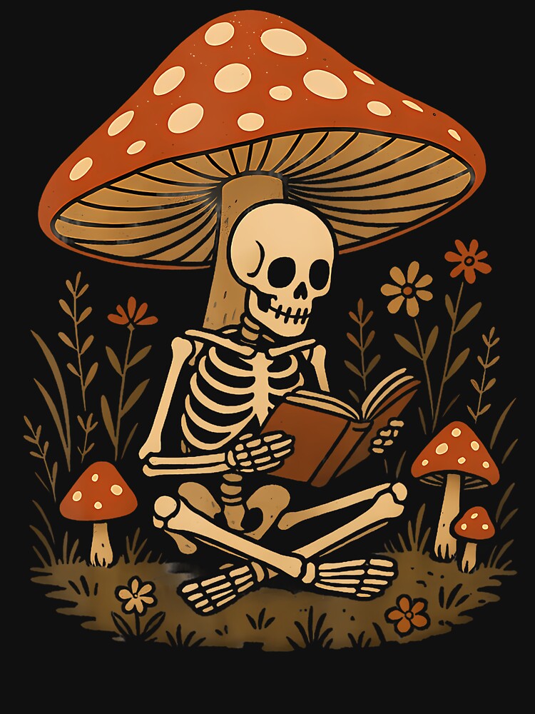 Skeleton Reading Books Cottagecore Floral Mushroom T-Shirts, Hoodie, Sweatshirt