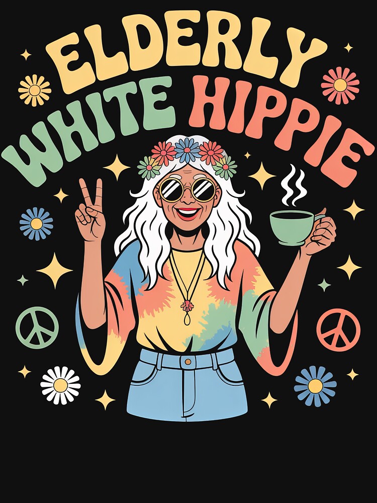 Elderly White Hippie Woman Retro Design – Peace and Love Flower Power Style by PosiMCreations T-Shirts, Hoodie,... (Image 3)