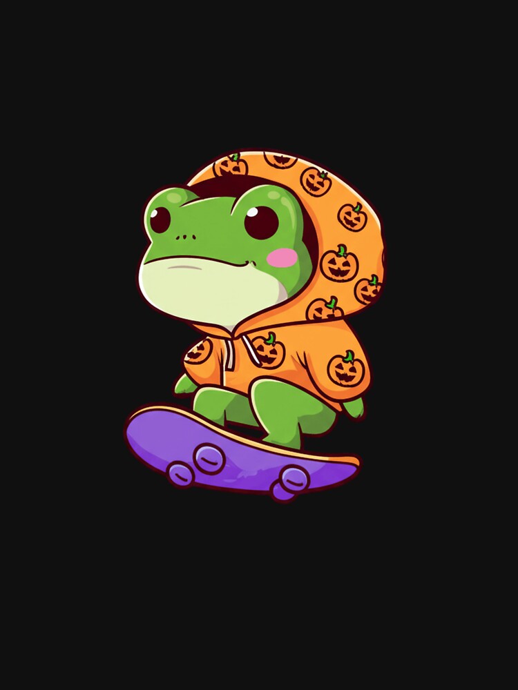 Cute Chibi Frog in Pumpkin Hoodie Riding Bat Skateboard – Hip-Hop Halloween Design by ColorSplash123 T-Shirts,... (Image 3)