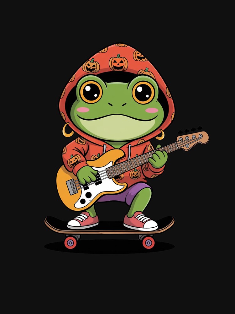 Cute Chibi Frog Halloween – Red Pumpkin Hoodie Bass Guitar Cartoon by ColorSplash123 T-Shirts, Sweatshirt (Image 3)