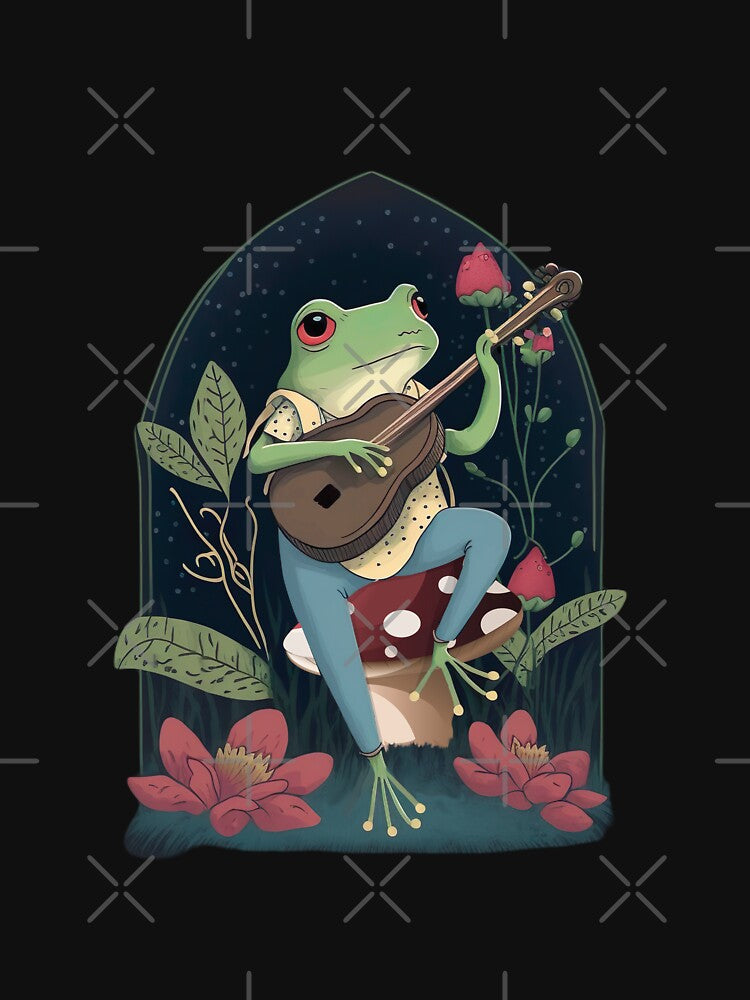 Cottagecore Aesthetic Frog Playing Banjo on Mushroom Cute Vintage - Goblincore Farmer Toad in Garden - Dark... (Image 3)