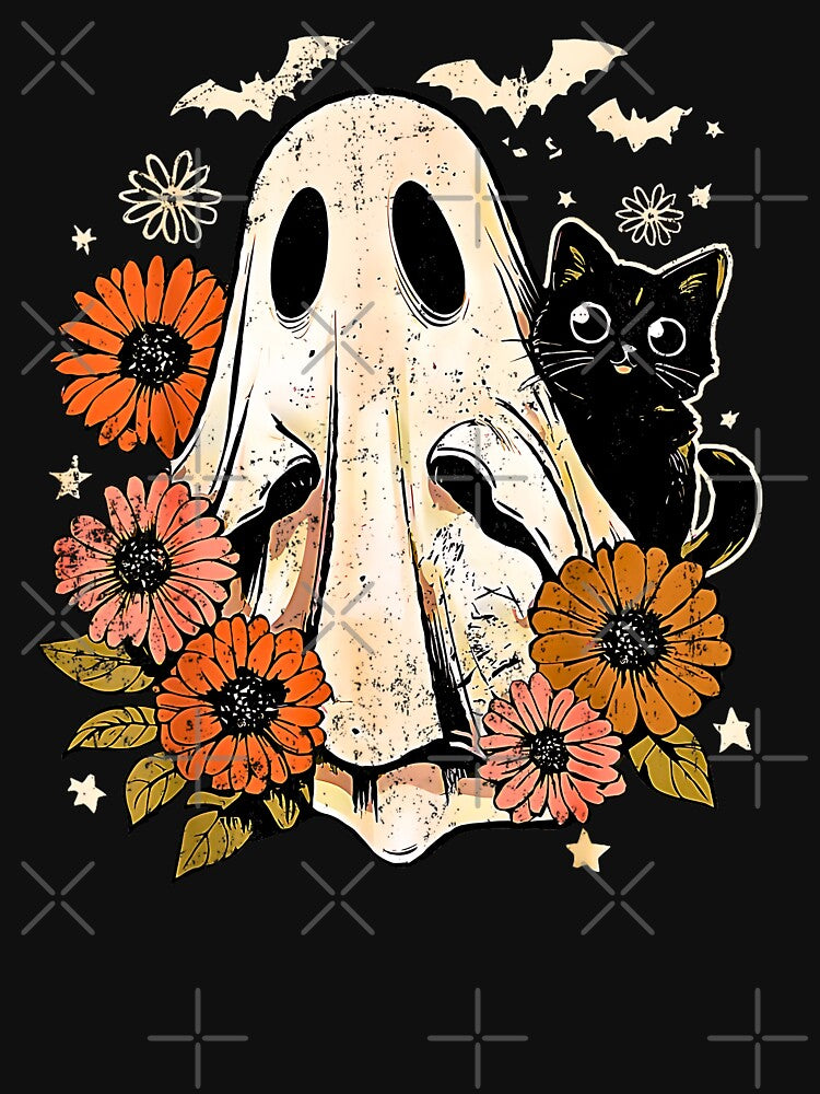 Vintage Halloween Ghost Holding Black Cat Groovy Floral by kawaiivsglitch T-Shirts, Hoodie, Sweatshirt (Image 3)