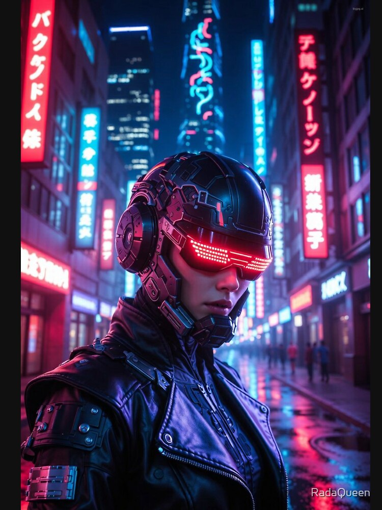 Cyberpunk Neon Visor Warrior – Futuristic Helmet in Rainy Tokyo Streets by RadaQueen T-Shirts, Hoodie, Sweatshirt (Image 3)