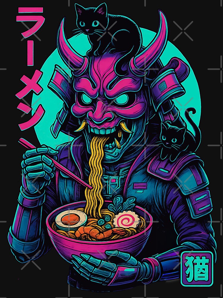 Oni Samurai Ramen with Black Cats Neon Tokyo Art Synthwave Style by Damcoc T-Shirts, Hoodie, Sweatshirt (Image 3)