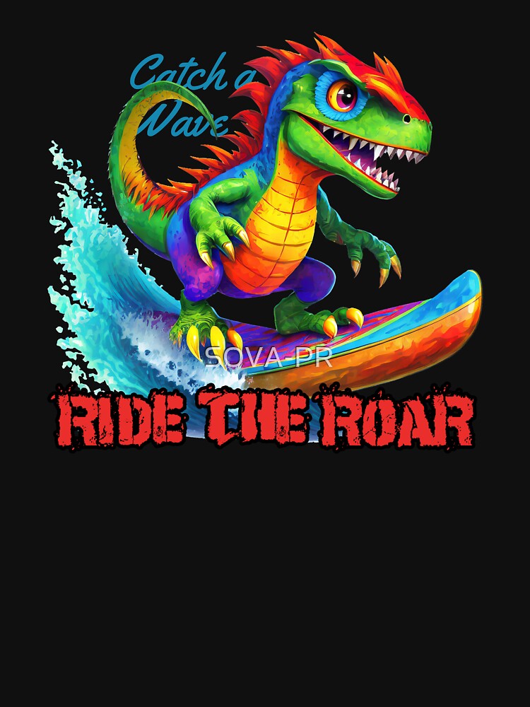 Dinosaur Surfing Funny T-shirt by SOVA-PR