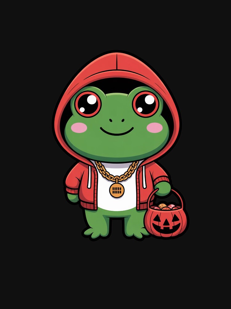 Cute Chibi Frog in Red Hoodie Holding Pumpkin Candy – Hip-Hop Halloween Design by ColorSplash123 T-Shirts,... (Image 3)