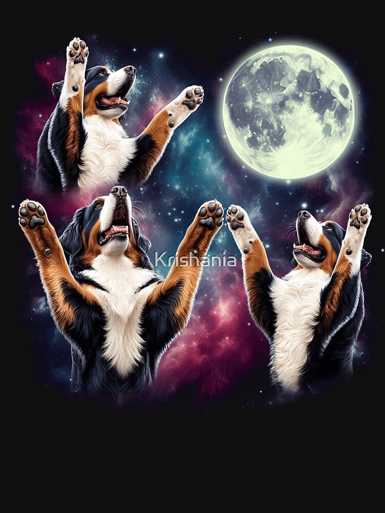 Three Bernese Mountain Dogs Howling at Moon Funny Weird Cursed Meme by Kimberley King Art  King Art T-Shirts,... (Image 3)