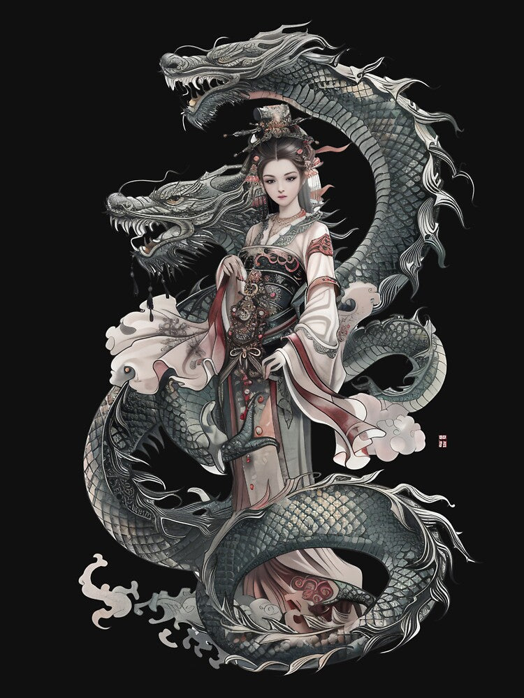 Highly Detailed Japanese Dragon And Woman. Tattoo Style Art by Lucy Goosy Art T-Shirts, Hoodie, Sweatshirt (Image 3)