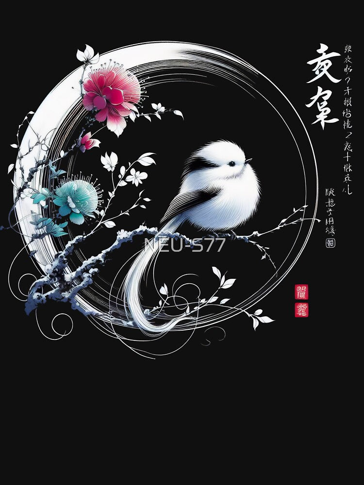 Japanese Calligraphy Bird Shima-Enaga Tranquil Sumi-e by NEUMANN ArtWear Boutique T-Shirts, Hoodie, Sweatshirt (Image 3)