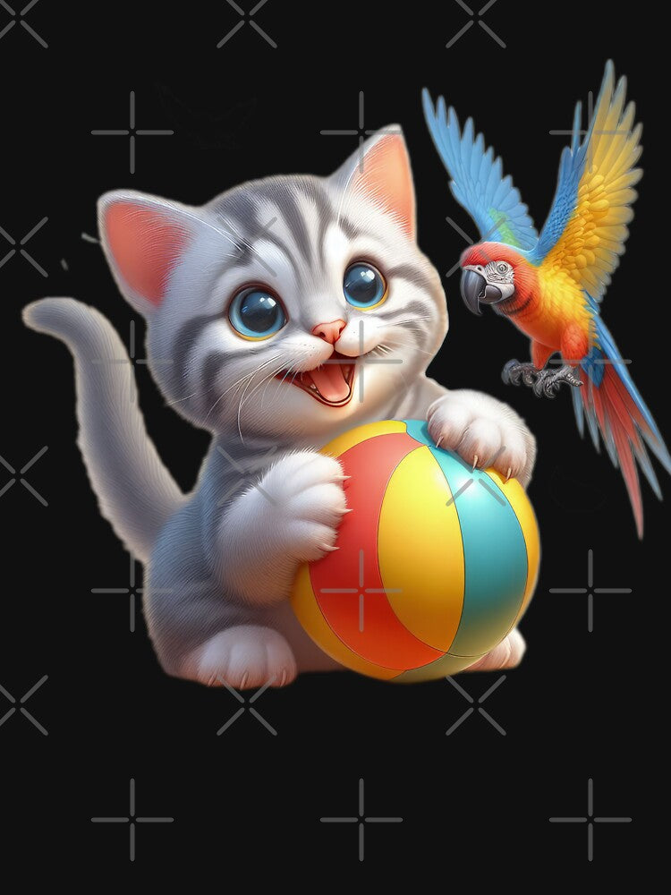 cute funny cat gray kitten with a ball and a parrot, cute cat,cute funny,funny cat by Expressions-Sel