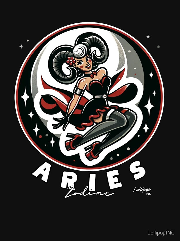 Aries Allure: Starry Siren - Pin up Vintage Retro Zodiac Sign by LollipopINC T-Shirts, Hoodie, Sweatshirt (Image 3)