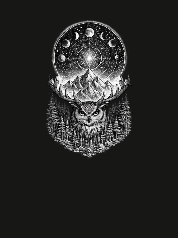 Mystic Owl Antlers Moon Phases Black and White Design by t-patterns T-Shirts, Hoodie, Sweatshirt | BlankRebels.com (Image 2)