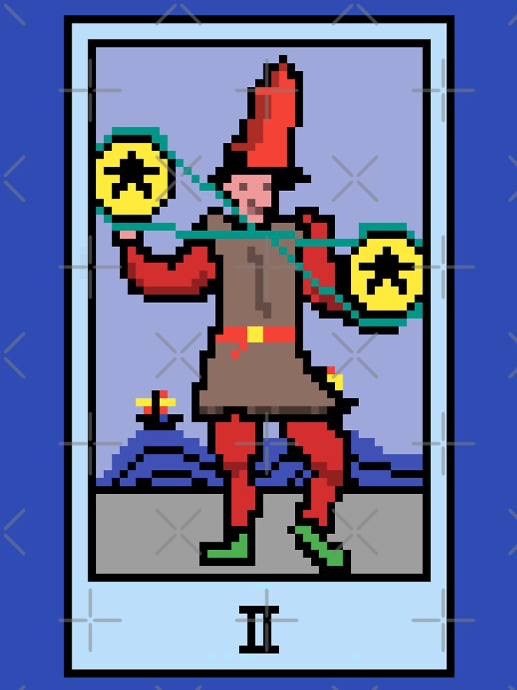 Wait, is this pixel art tarot? Blue - Minor Arcana 'Two of Pentacles' (Design for T-shirt, stickers and other accessories) by Pixel Waite