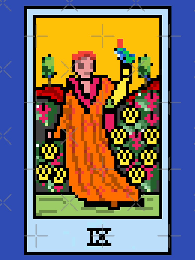 Wait, is this pixel art tarot? Blue - Minor Arcana 'Nine of Pentacles' (Design for T-shirt, stickers and other... (Image 3)