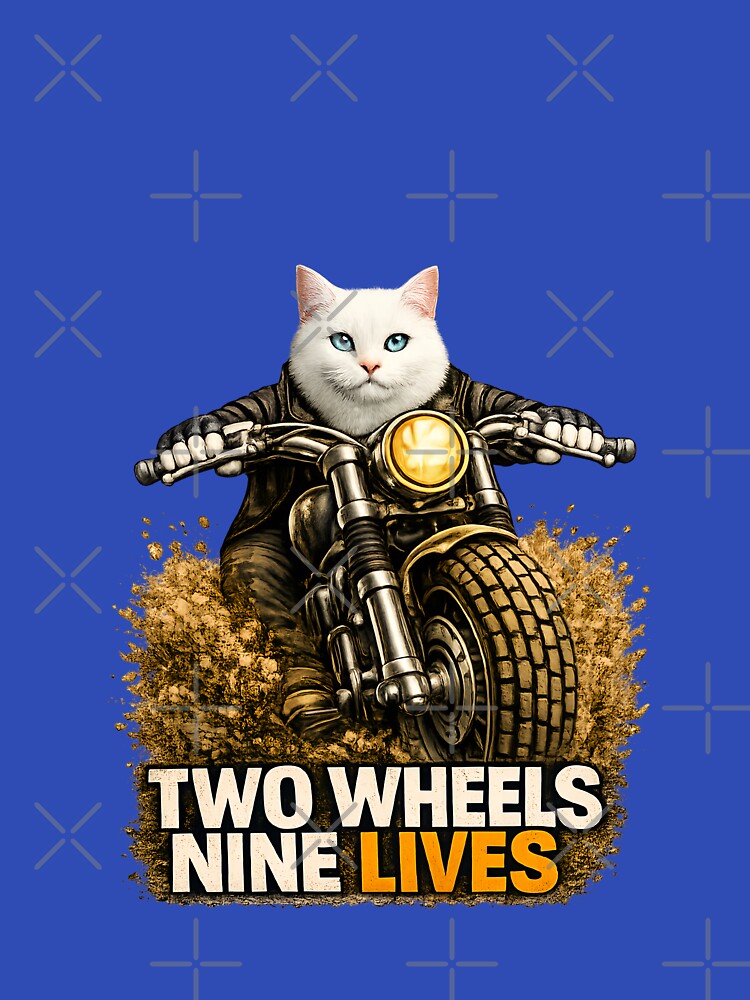 White Cat Motorcycle Art – Two Wheels Nine Lives Biker Cat Print Design by PixelsPaws