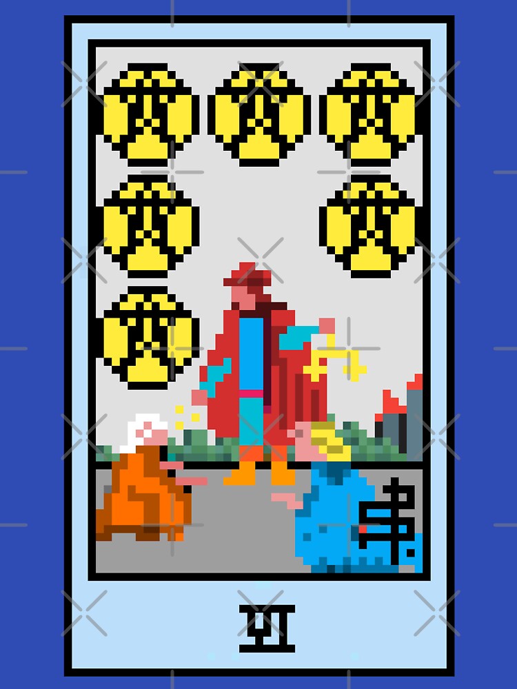 Wait, is this pixel art tarot? Blue - Minor Arcana 'Six of Pentacles' (Design for T-shirt, stickers and other... (Image 3)