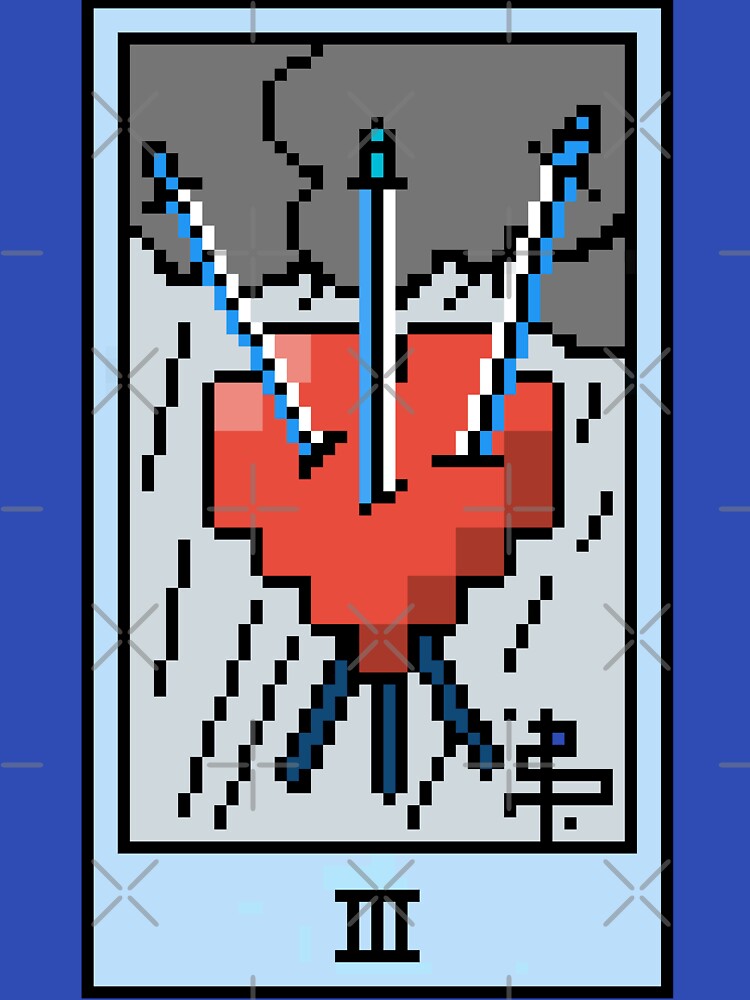 Wait, is this pixel art tarot? Blue- Minor Arcana 'Three of Swords' (Design for T-shirt, stickers and other... (Image 3)