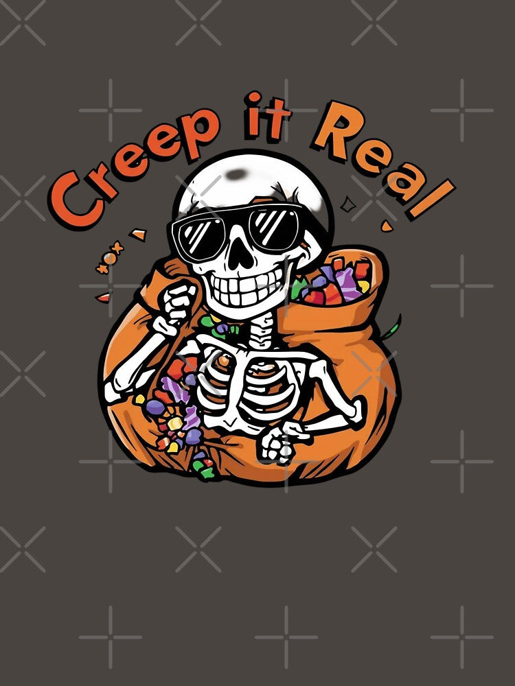 Creep It Real Halloween T-Shirt & Hoodie | Funny Skeleton Sunglasses Candy Bag Costume Top by Designverse-hub... (Image 3)
