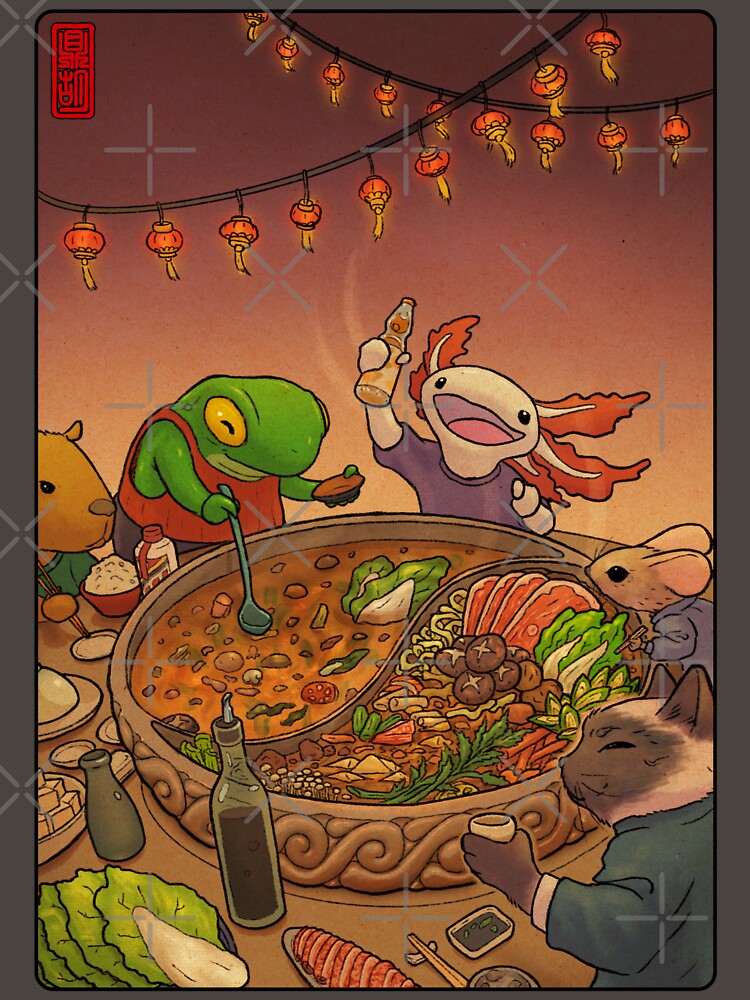 Asian Hotpot Night with Cute Frog, Axolotl, Cat, Mouse, and Capybara by DingHuArt T-Shirts, Hoodie, Sweatshirt (Image 3)